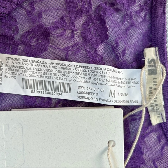 New STR Asymmetrical Fitted Purple Lace Crop Top Semi Sheer Stretchy Feminine - Picture 4 of 7